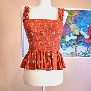 NWOT Floral Smocked Flounce-Hem Top
